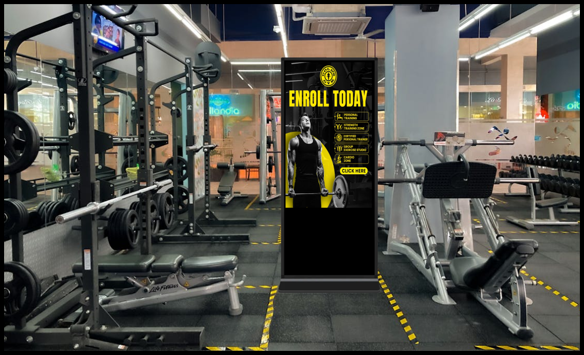 Digital signage for fitness centers showcasing training programs, membership deals, and gym promotions.